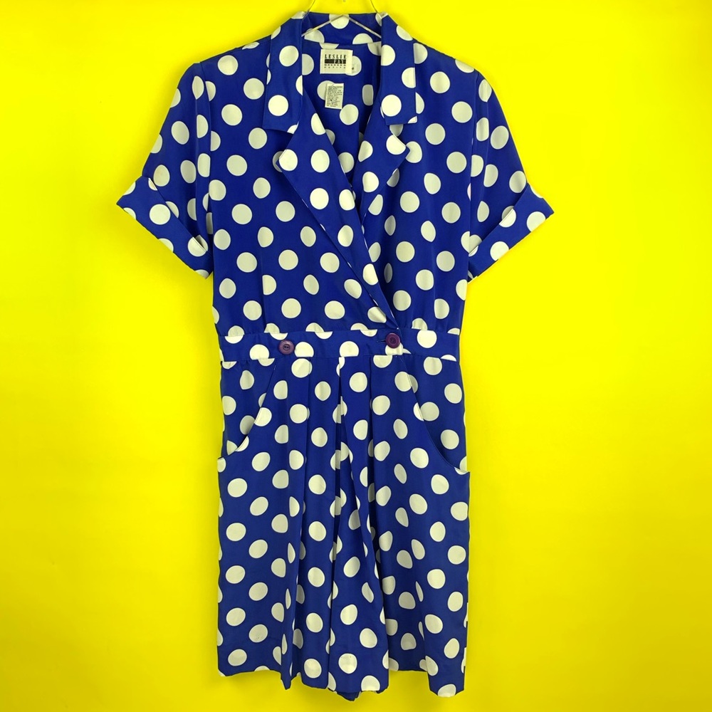 {VINTAGE} Leslie Fay Blue & White Polka Dot Romper - Picture 8 of 8